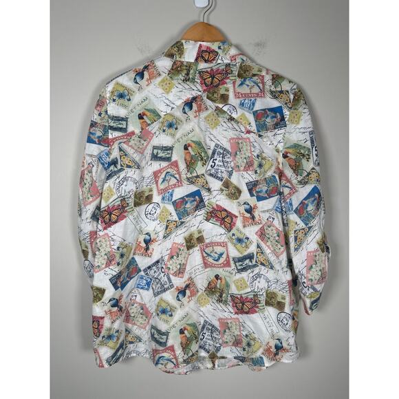 Chicos Women's Linen Postage Stamp 3/4 Sleeve Button-up Top Sz L (2) Travel - Picture 5 of 10